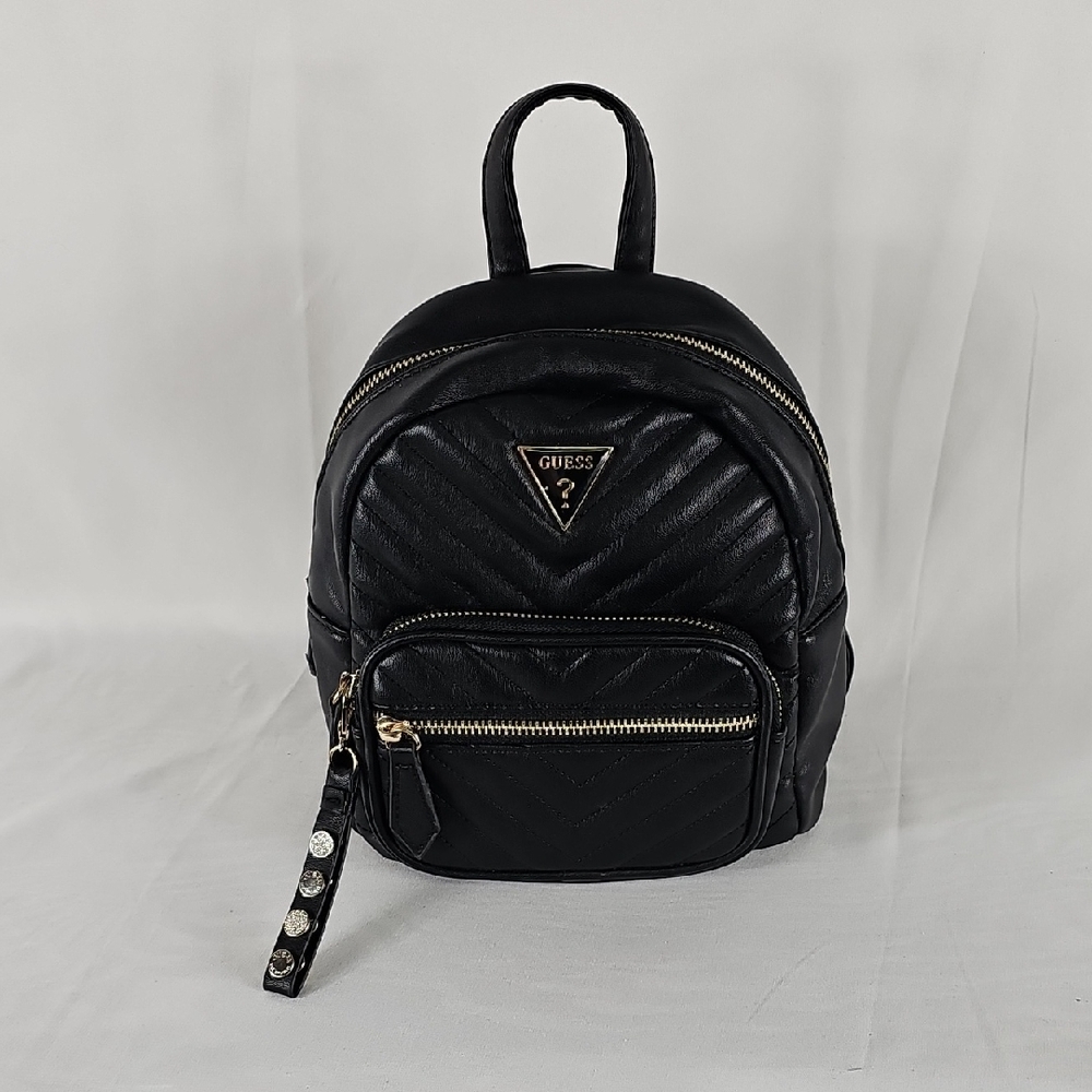 Guess Black Quilted Backpack with Gold Accents